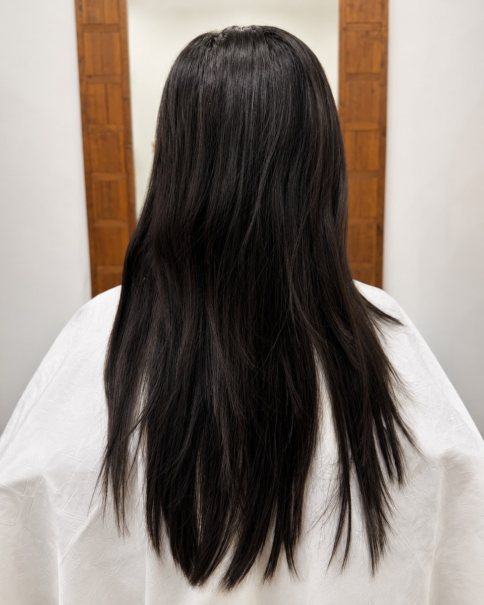 Before photo of long straight dark hair