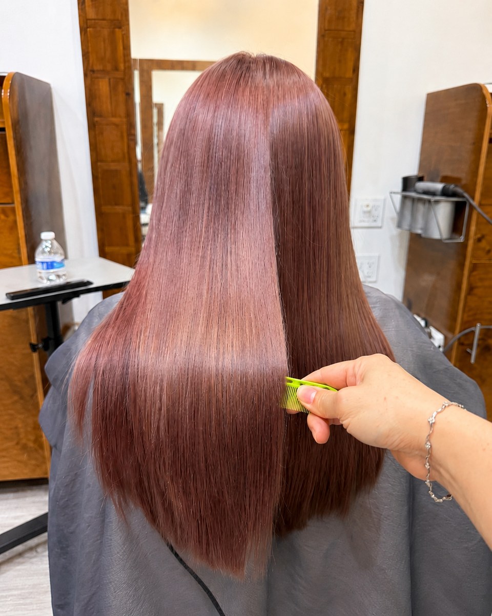 Mauve hair color with glossy blowout